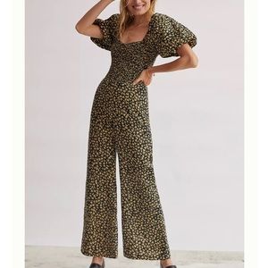 Faithfull Stellan Black Yellow Linen Floral Smock Jumpsuit Puffy Sleeves Large L